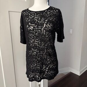 ASOS black lace rose-patterned sheer short sleeve top with sexy open back detail